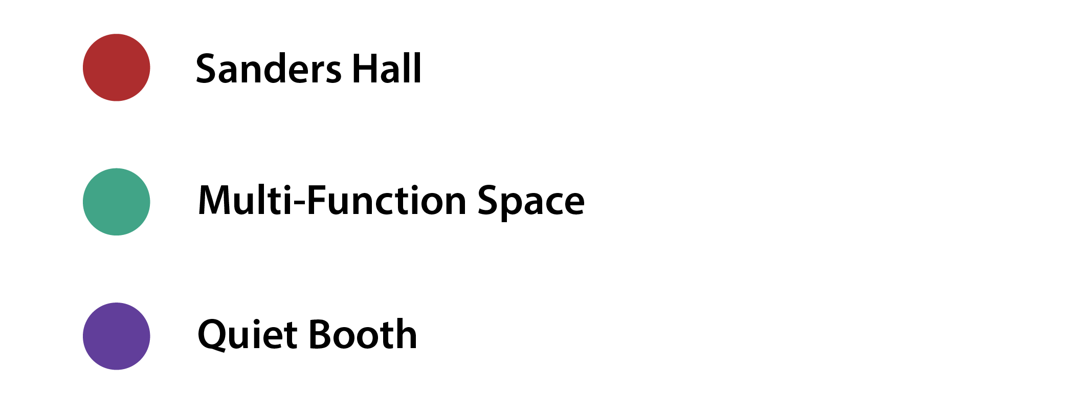 Calendar key: red for Sanders Hall, green for the Multi-Function Space, and purple for the quiet booth.