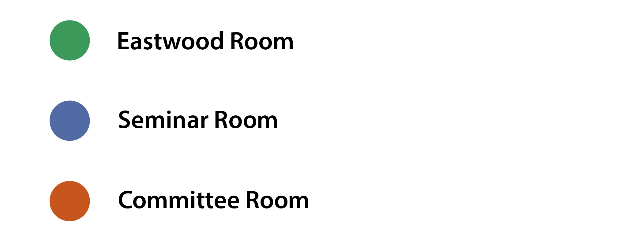 Calendar key: green for the Eastwood Room, blue for the Seminar Room, and orange for the Committee Room.
