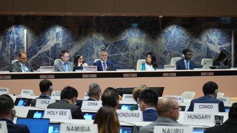 A meeting is held at the United Nations, with several nation representatives present