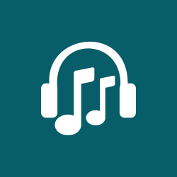 A dark turquoise square with a white graphic of headphones and musical notes